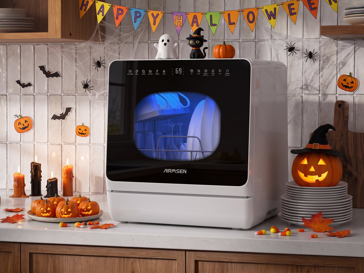 Countertop dishwasher loaded with party plates and glasses on Halloween night