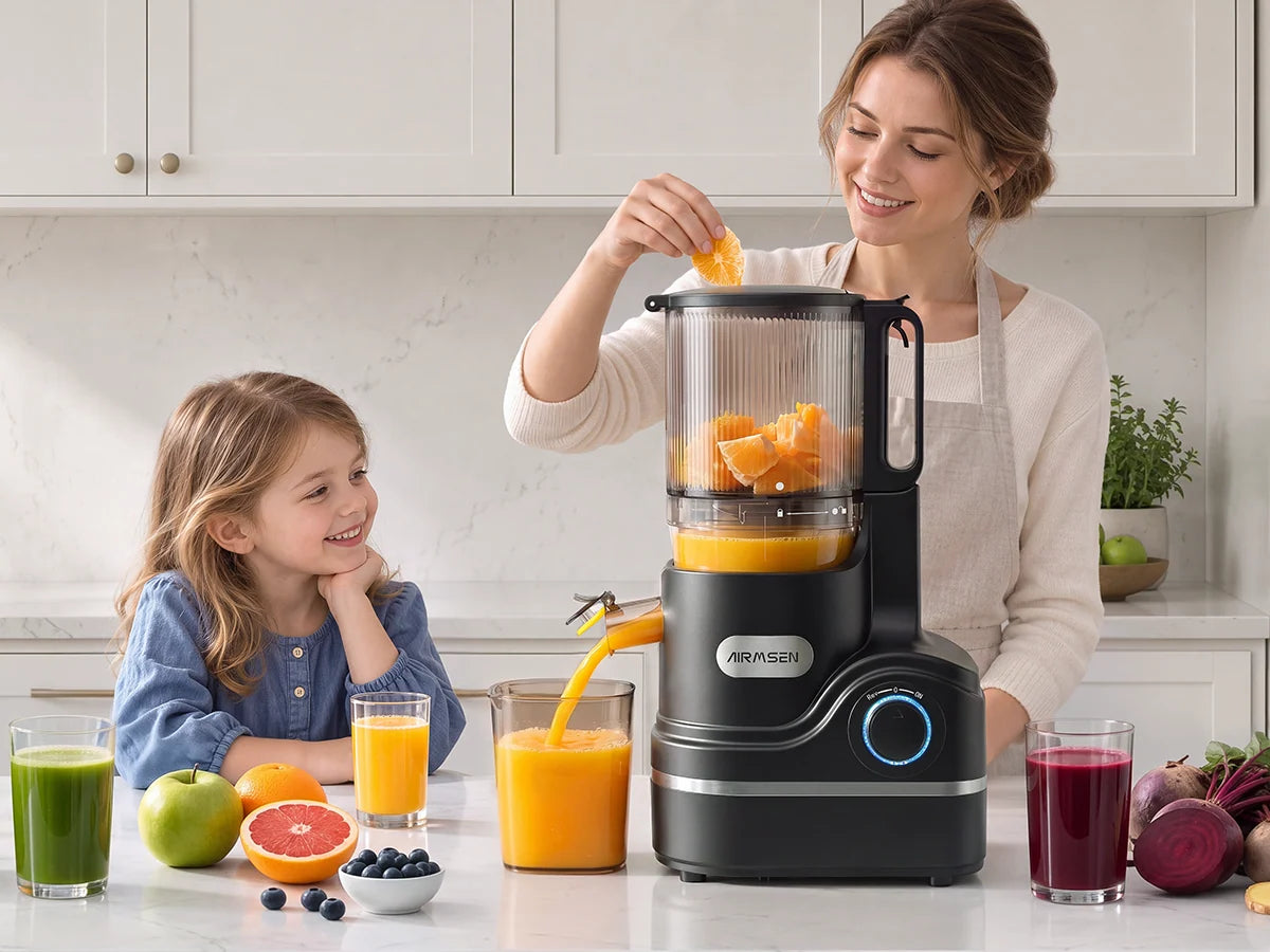 Woman and child making fresh orange juice with the AIRMSEN slow juicer in a bright white kitchen