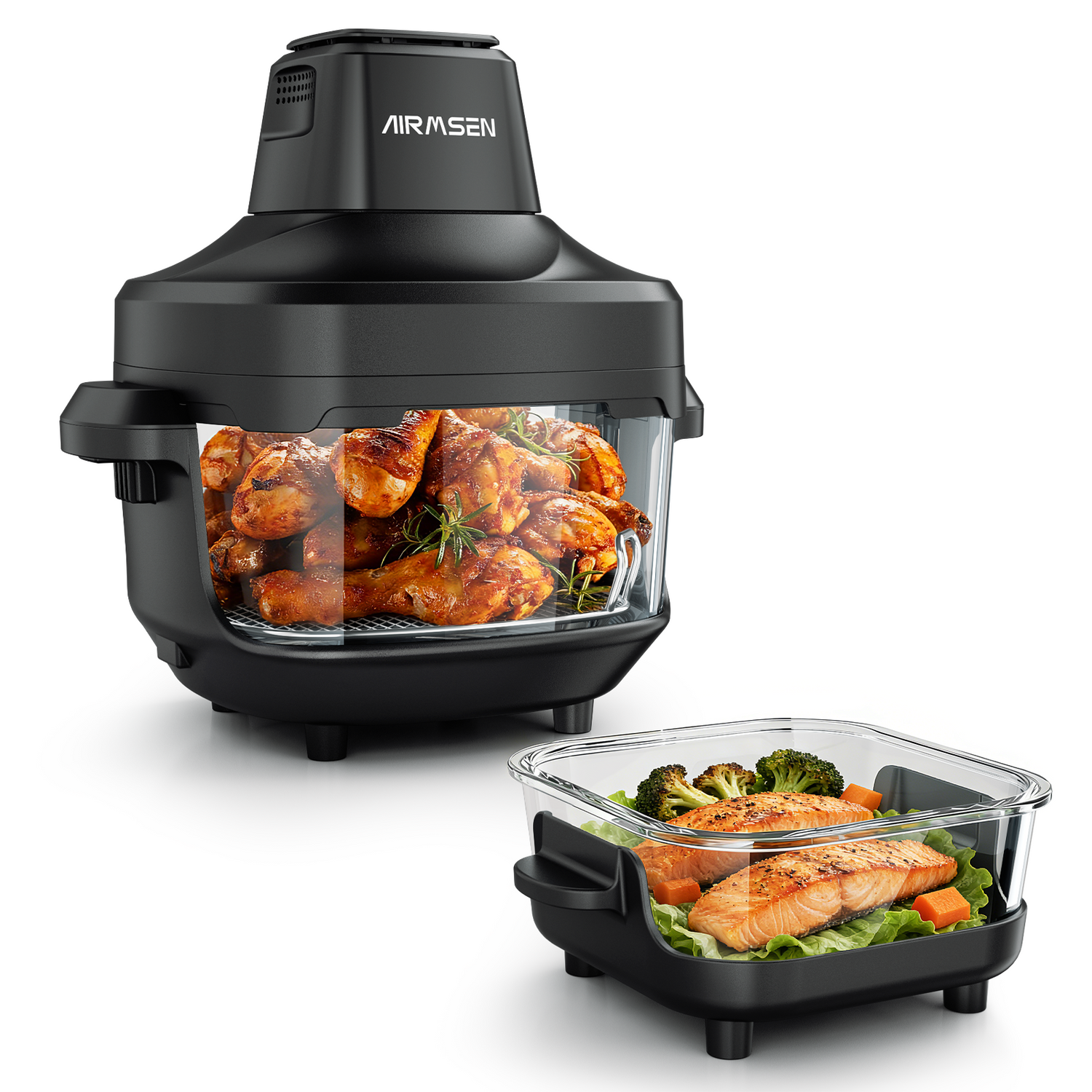 Potable Glass Air Fryer Non-Toxic, 4.8QT & 1.3QT, 4 Presets & Manual Control, 140–450℉ Precise Heat, 95% Less Oil, Auto-Pause & Resume, Microwave & Dishwasher Safe ，4-in-1
