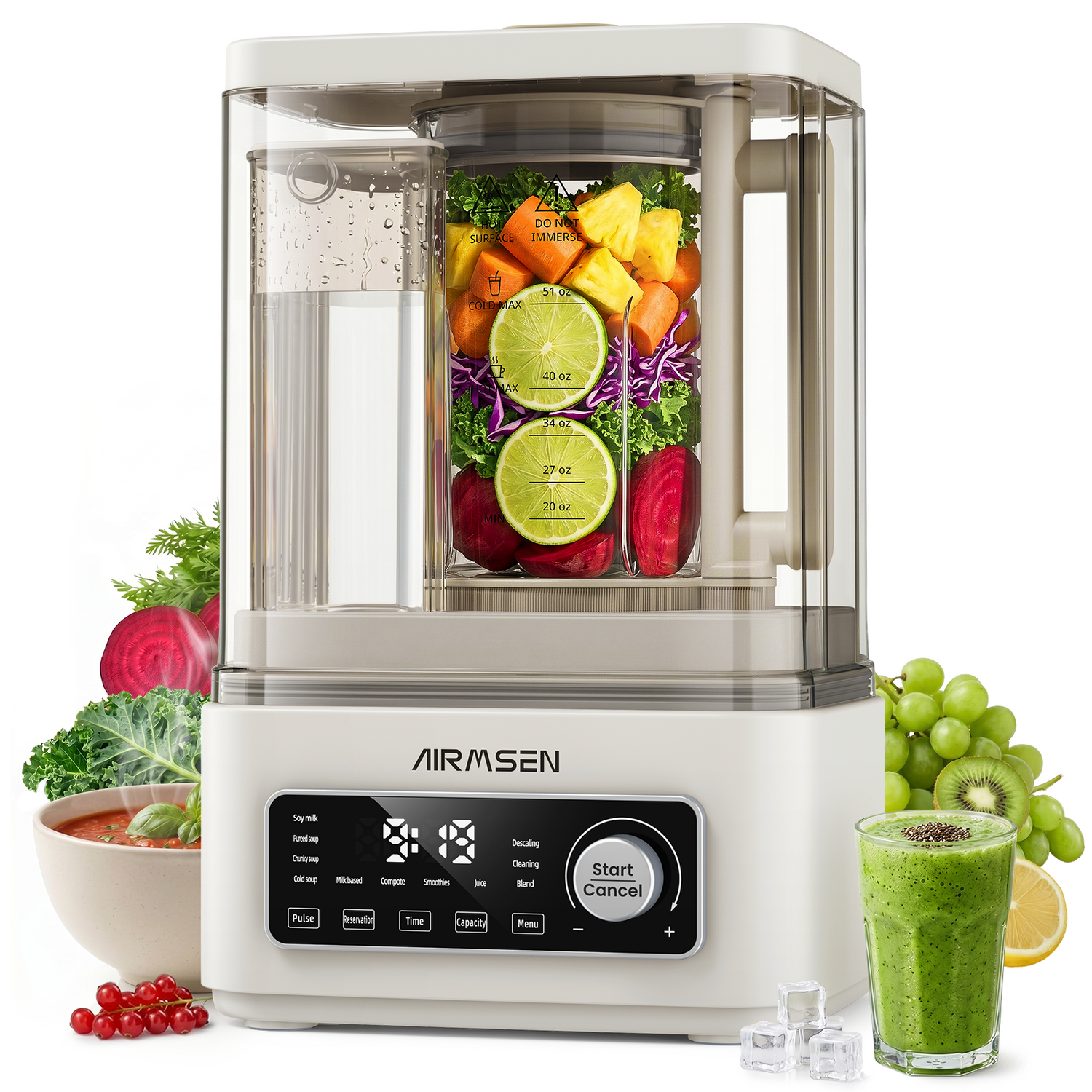 AIRMSEN 9-in-1 Hot & Cold Professional Blender, Independent Water Supply System & Steam Heating, 1200W+500W, 51 Oz Kitchen Milkshake Smoothie Maker with Stainless Steel Blades for Nuts, Frozen Fruits