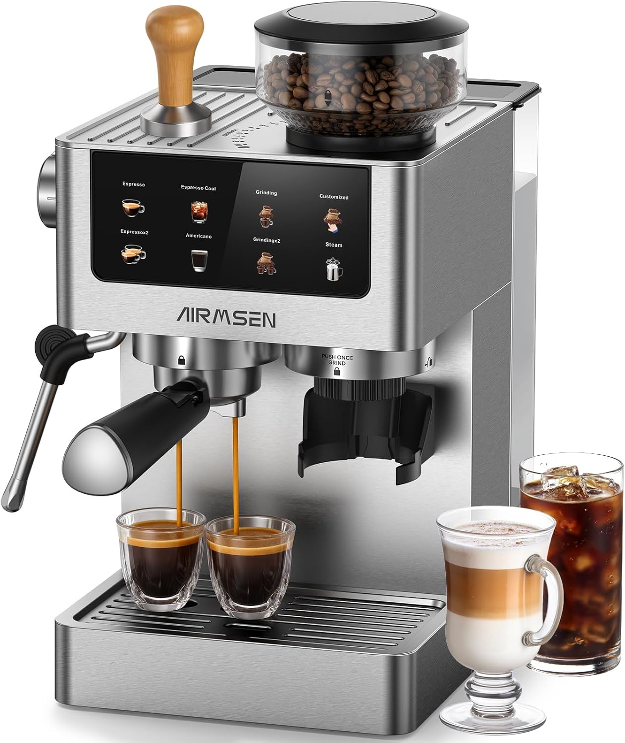 Espresso Machines with Conical Burr Grinder, 20 Bar - Cappuccino Latte Maker Compatible with Iced Coffee & Americano, Stainless Steel