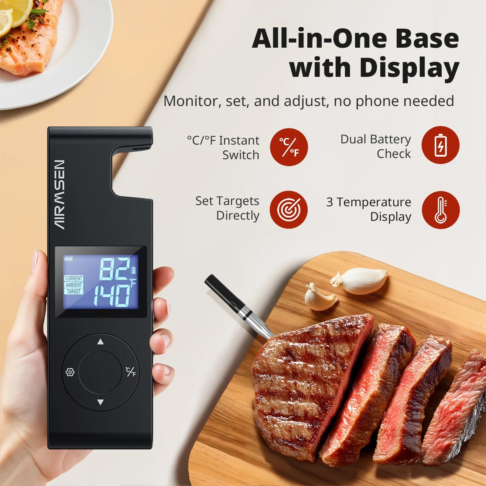 Thermomètre à Viande Sans Fil Bluetooth AIRMSEN - Sonde Inox 304, Portée 150 M, Autonomie 72h, écran LCD - 8