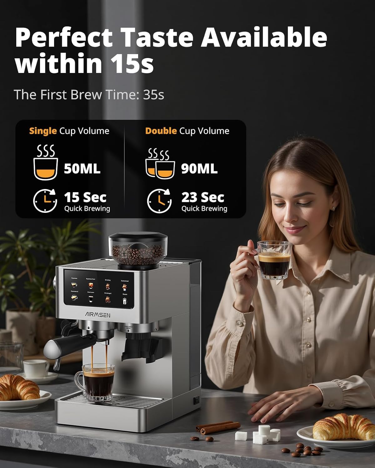 AIRMSEN Espresso Machines with Burr Grinder, 20 Bar, Milk Frother Steam ...