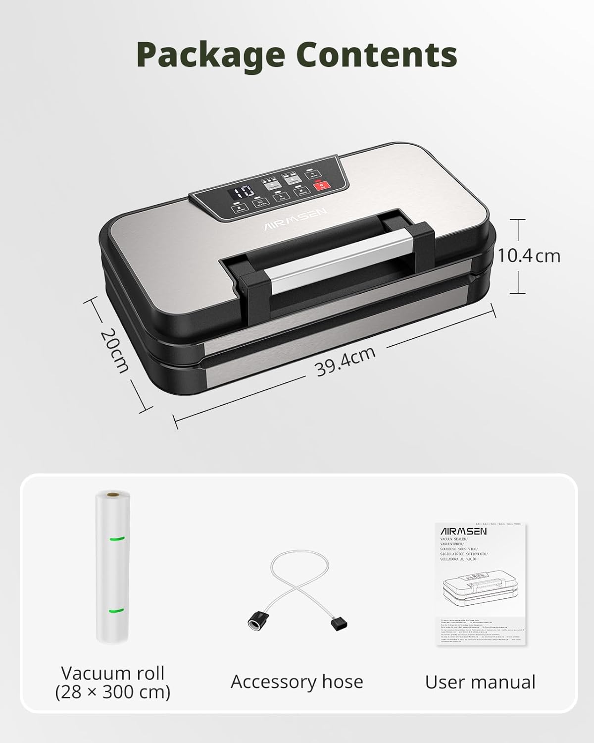 AIRMSEN Machine Sous Vide 95 KPa Avec Fonction Gonflage – Idéale Pour Aliments Secs & Humides, Double Soudure 30 Cm, Coupe-Sac Intégré, Rouleau & Bac Amovible Inclus