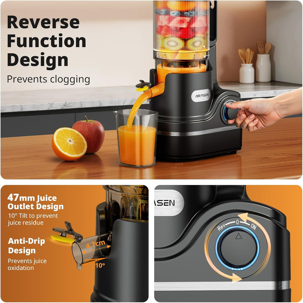 AIRMSEN Cold Press Juicer Machine, Slow Masticating Juicer with 6.0