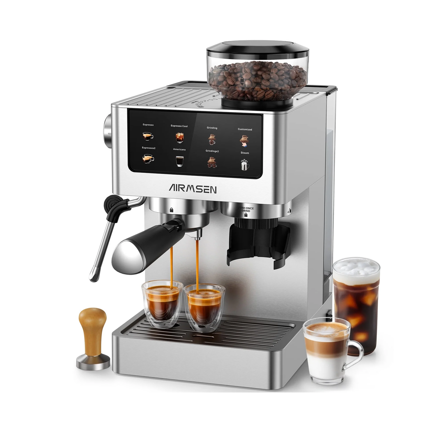Espresso Machines with Conical Burr Grinder, 20 Bar - Cappuccino Latte Maker Compatible with Iced Coffee & Americano, Stainless Steel
