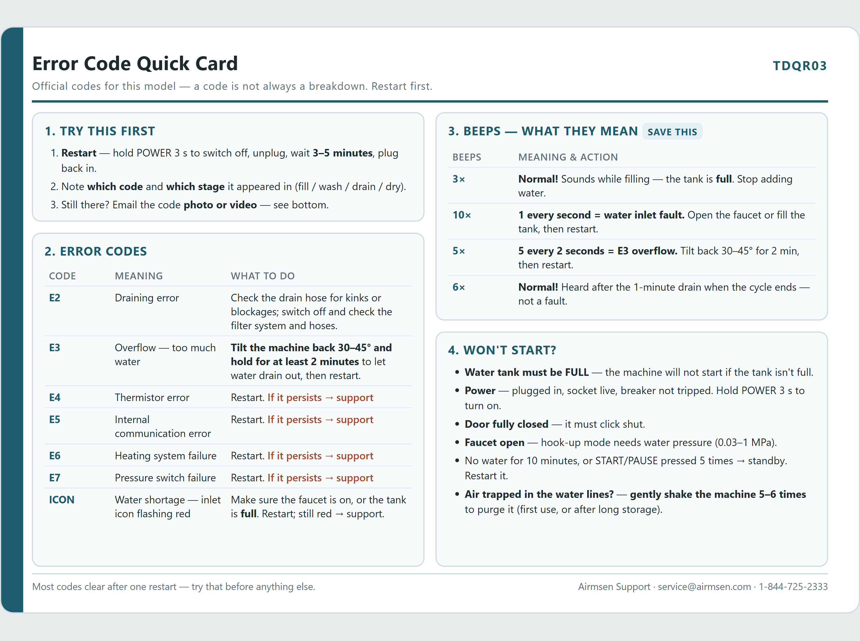 AIRMSEN TDQR03 Error Code Quick Reference Card